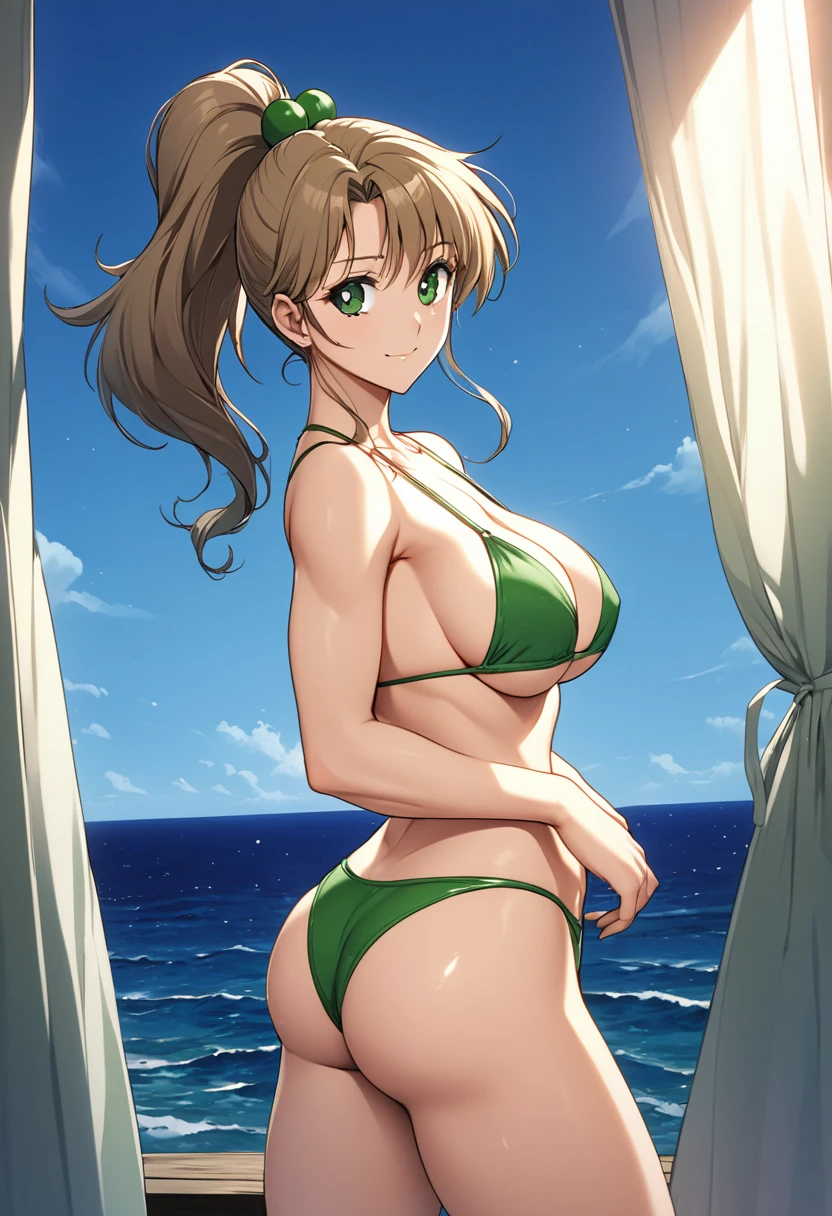 Highest quality, Great quality, 16K, Unbelievably absurd, Very detailed, 2.5D, delicate and dynamic, (Makoto Kino),blue sky,  Small face, Very delicate look, Delicate eye depiction, Very Fine Hair, erotic, sexyな女性, Composition showing the buttocks,Healthy body shape, Swimwear,Green Micro Bikini、Green T-bag,smile、 height: 175cm, Light brown long hair,ponytail、 sexyな長い脚, Abdominal muscles,Glowing Skin, The background is the sea ,1990s \(style\),、(E-cup beautiful breasts)、Muscular、sexy,Cinema Lighting, (完璧なGlowing Skin:0.6),Always high quality CG Unity 8K wallpapers