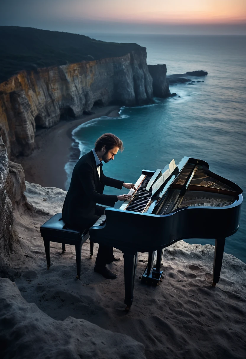 Professional photography of a Pianist playing the old piano with passion face on the cliff with an ocean background, looks very intense, the night atmosphere is lit by moonlight, fog covers the area.