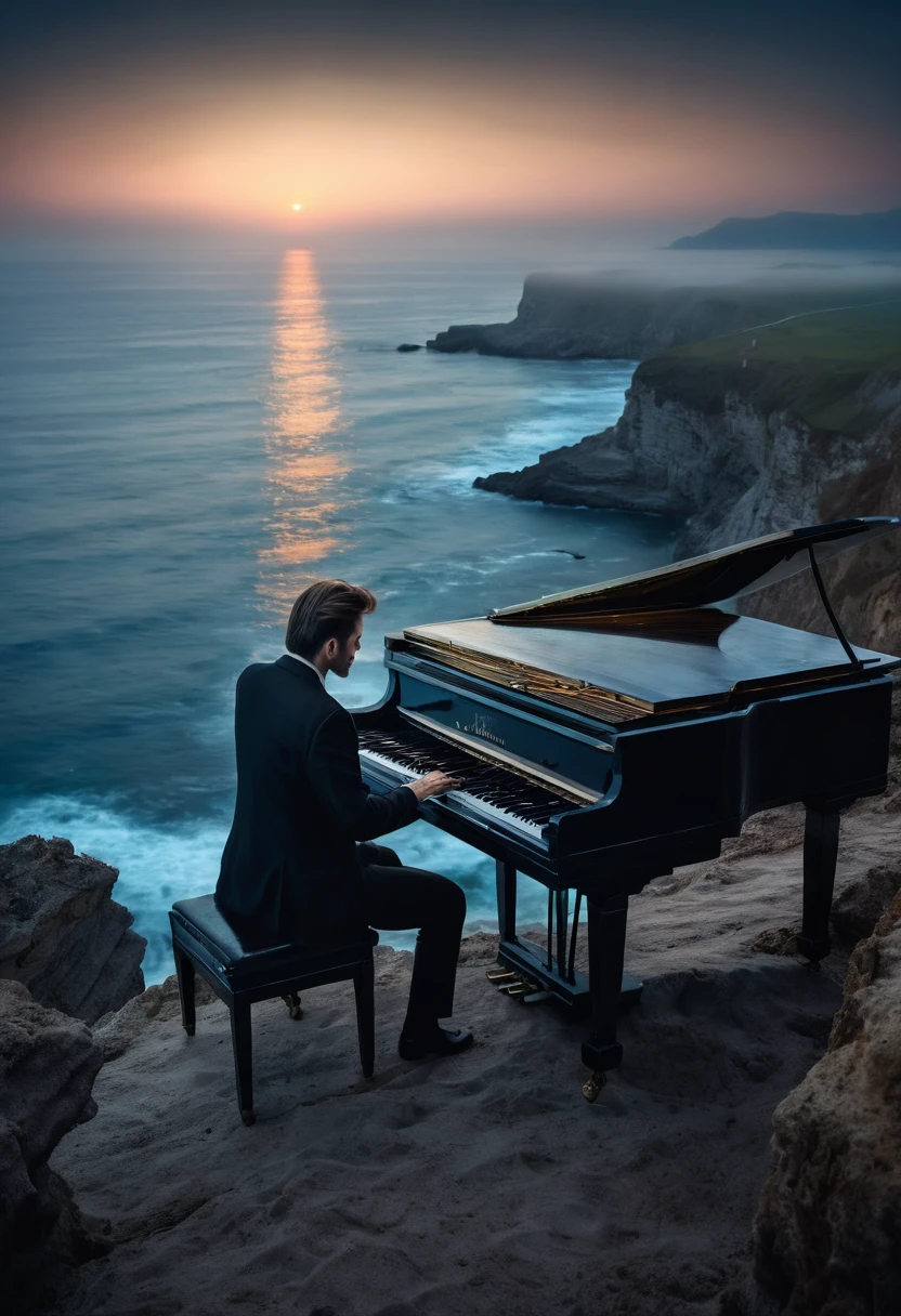Professional photography of a Pianist playing the old piano with passion face on the cliff with an ocean background, looks very intense, the night atmosphere is lit by moonlight, fog covers the area.