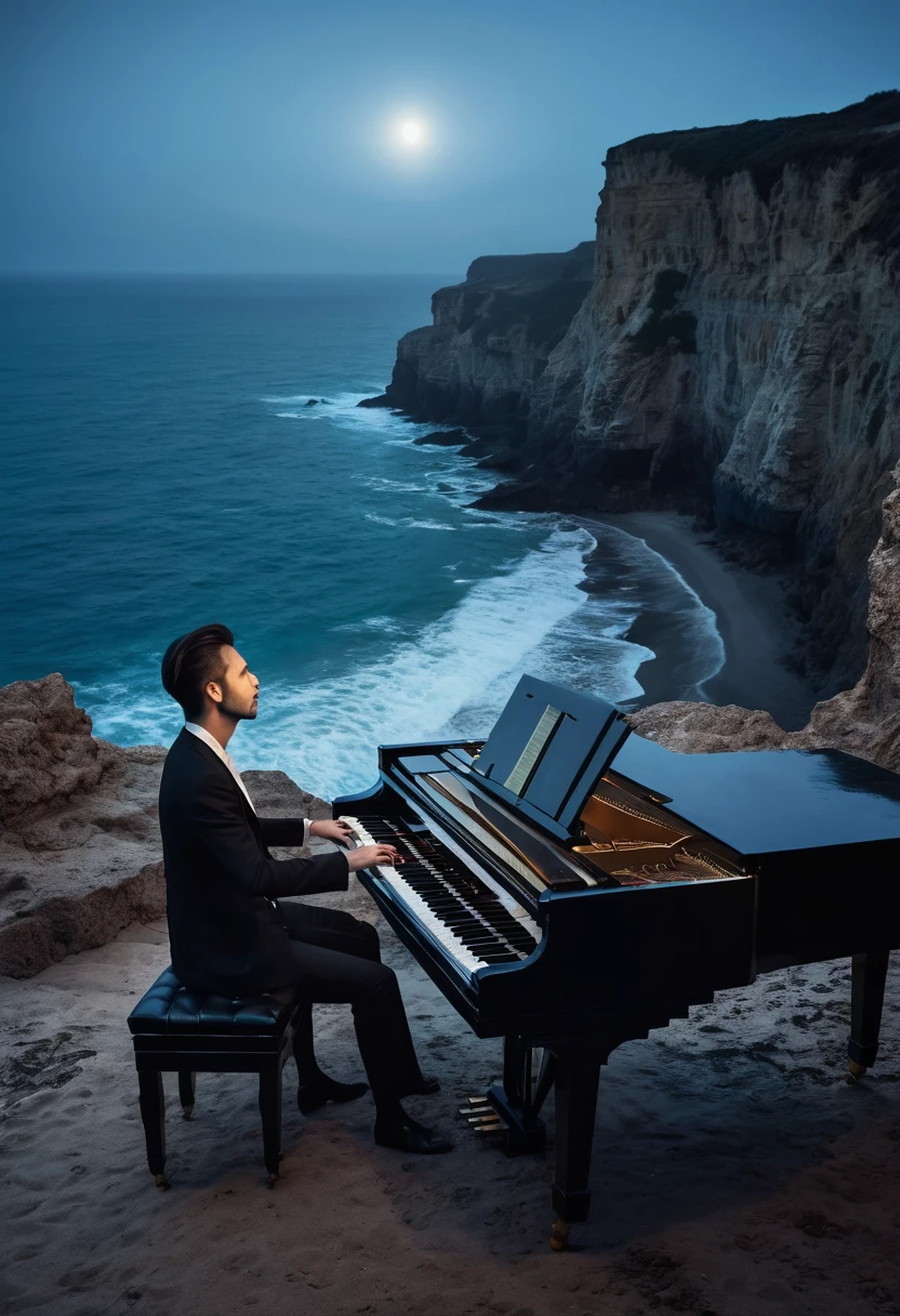 Professional photography of a Pianist playing the old piano with passion face on the cliff with an ocean background, looks very intense, the night atmosphere is lit by moonlight, fog covers the area.