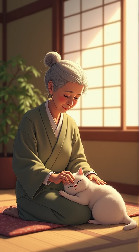 In a quiet corner of a traditional Japanese room, an elderly woman and her old cat are sitting together. Soft cushions are laid out on the tatami floor, and the woman, with a gentle smile, softly strokes the cat’s back. The old cat rests its head on her lap, eyes half-closed in contentment. Soft light filters through the shoji screens, bathing them in warmth, reflecting the deep bond they’ve shared over the years. A serene and tender moment unfolds between them.
8k