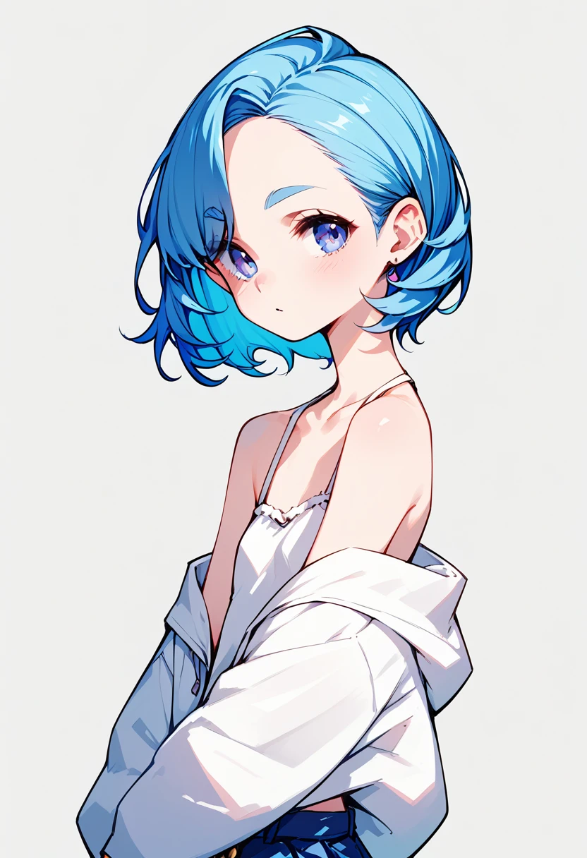 score_9, score_8_up,score_7_up,flat color,girl,sixteen yo,(darkblue hair,wavy-short hair),middle thick eyebrows,middle small breasts),oversized tee,