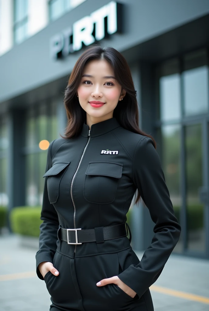 a beautiful Asian woman wearing a fastRX cargo uniform with the logo, posing in front of  PT. RTI Building with the logo, HD quality, bokeh, with a good smile