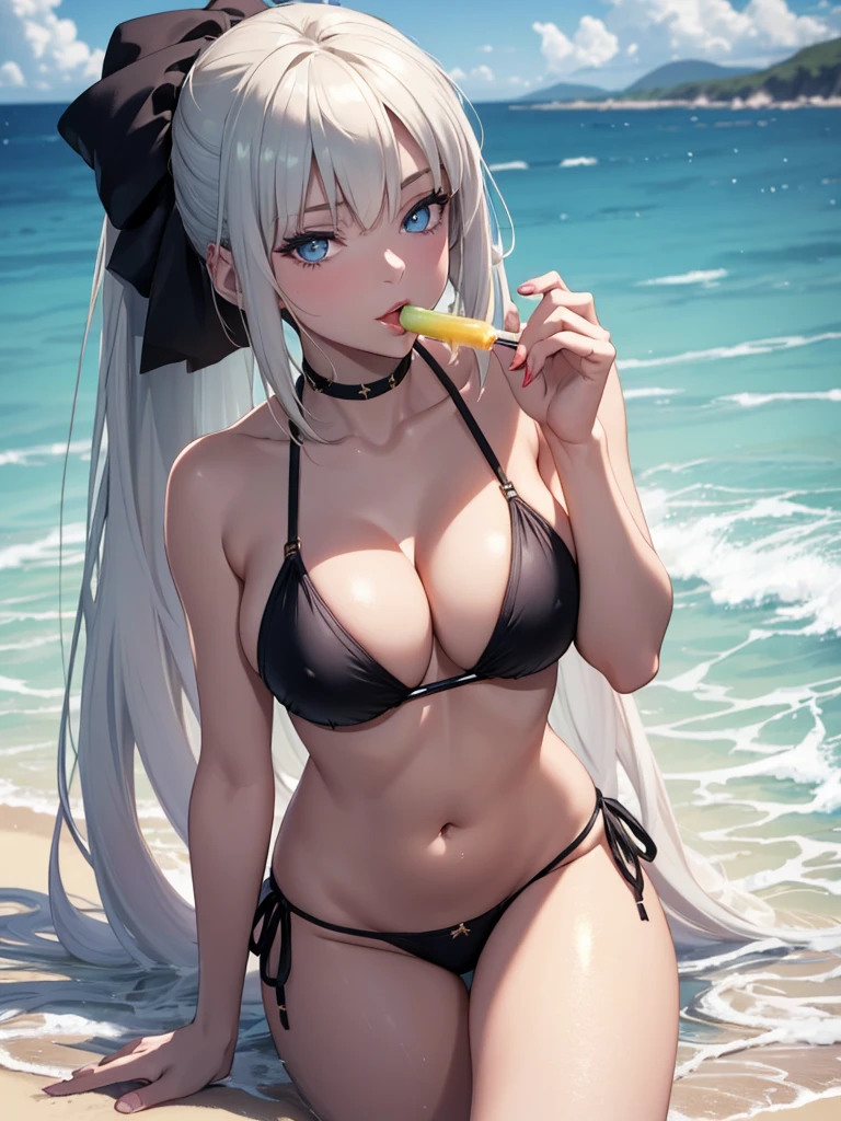 (​masterpiece、top-quality、hight resolution、Unity 8k、extremely details CG:1,Best Picture), morgan le fay(fate), (Silver Hair, Long ponytail),  "A porn star at the beach, wearing a revealing swimsuit, striking a provocative pose with a confident, seductive expression. She’s clearly in work mode, exuding the allure and charisma that defines her profession. The scene is set on a sunlit beach, with the waves gently crashing behind her as she embodies the role of a sensual icon, perfectly aware of the camera's gaze.", her expression full of lust. Her eyes are half-lidded and slightly glazed, with a moist and glossy look. Her lips are parted, slightly wet, and she has a faint, suggestive smile. Her cheeks are flushed, and she lightly bites her lower lip. Her head is tilted slightly, enhancing the seductive atmosphere.",(((Gold micro bikini))), "A close-up of a woman licking a popsicle, with the focus on her face and the popsicle. The woman’s lips are delicately wrapped around the popsicle, emphasizing the sensual motion of licking. Her expression is neutral, letting the action of eating the popsicle take center stage. The background is blurred to keep the attention solely on her face and the popsicle."