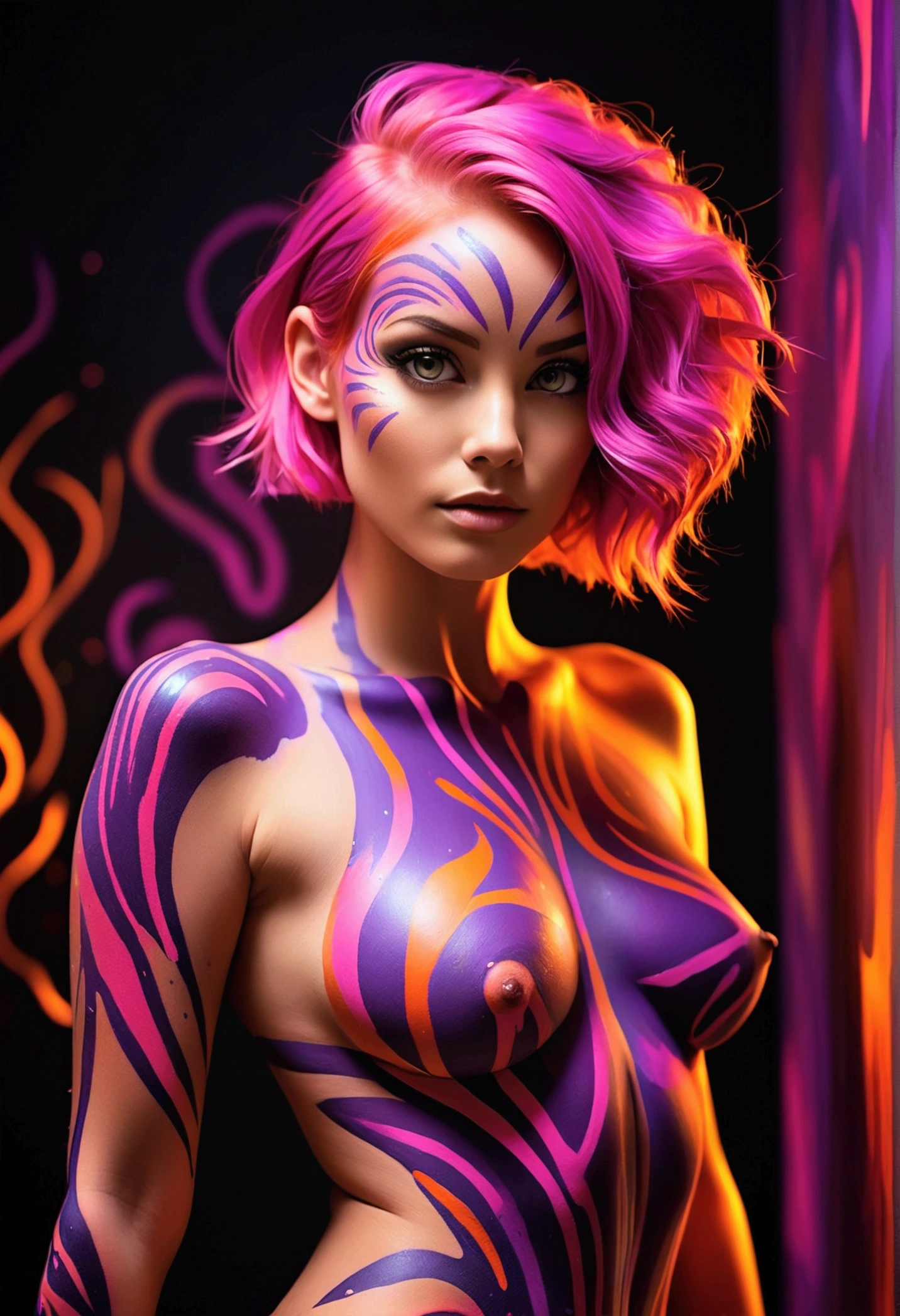 A beautiful woman with vibrant pink hair, her naked body is covered in glowing full-body paint, and abstract patterns that resemble neon paint splashes, the background is dark and blurred with warm, soft lights creating an ethereal atmosphere, she is posing confidently with one hand on her head and the other on her chest, her skin has a luminous fluorescent body paint, radiant quality with purple and orange hues, the overall mood of the image is mystical and artistic, combining elements of sensuality and surrealism. Full body. Bright violet eyes.