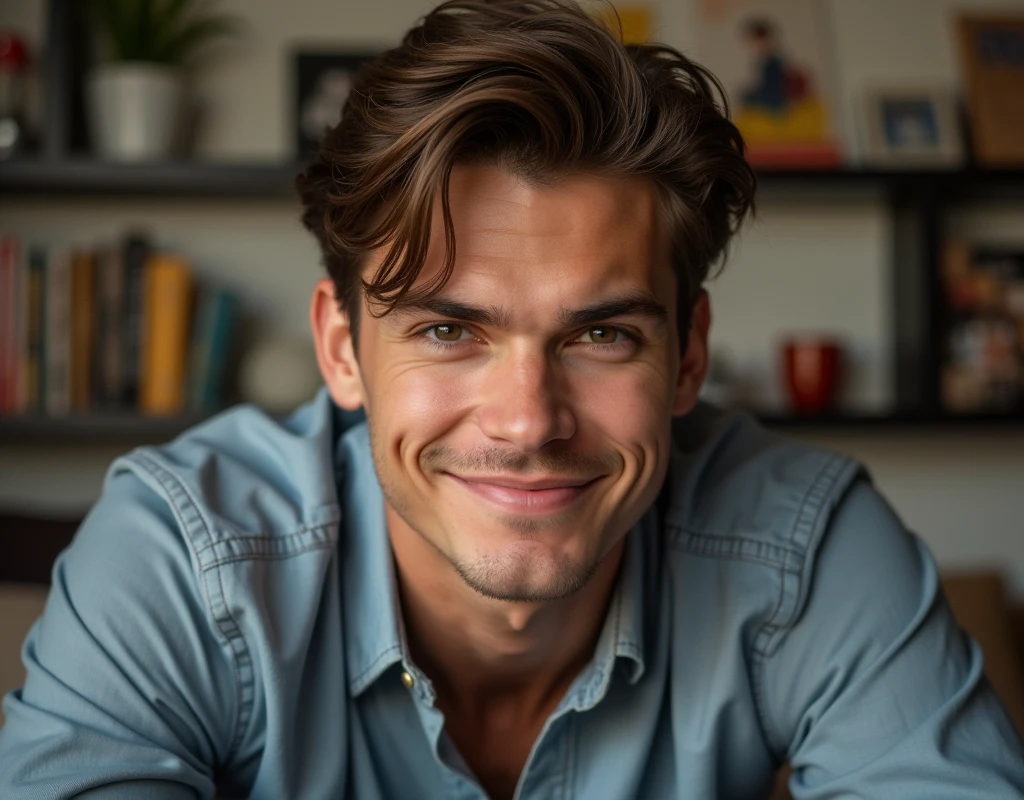 young man with brown hair smirking in his bedroom, stock photo
