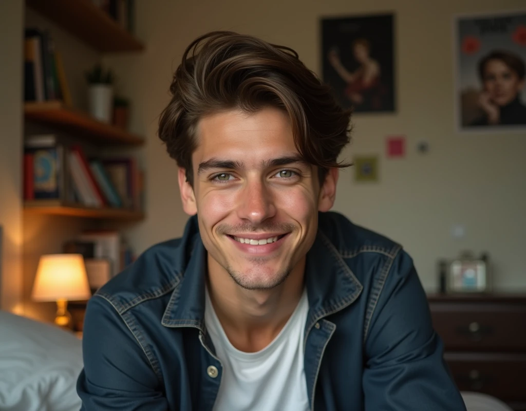 young man with brown hair smirking in his bedroom, stock photo