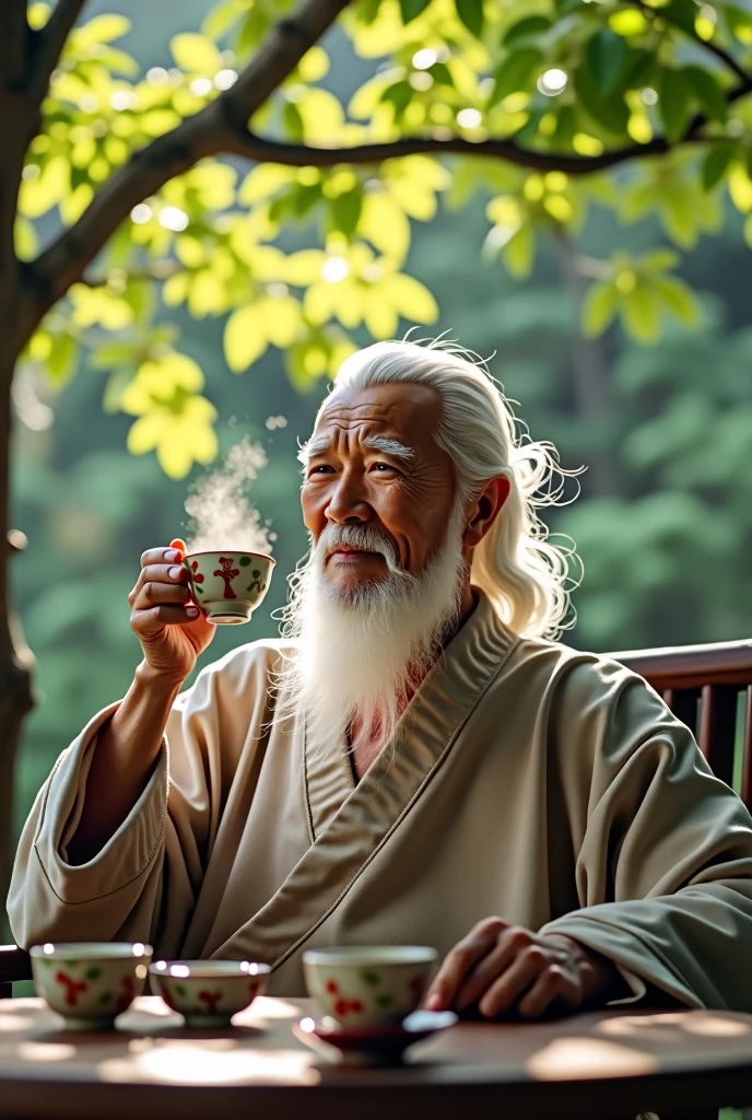 Chinese feng shui master, kind face, white hair, cheerful, drinking tea,  
 The teacher sat looking straight ahead, behind him was a scene of cozy green trees