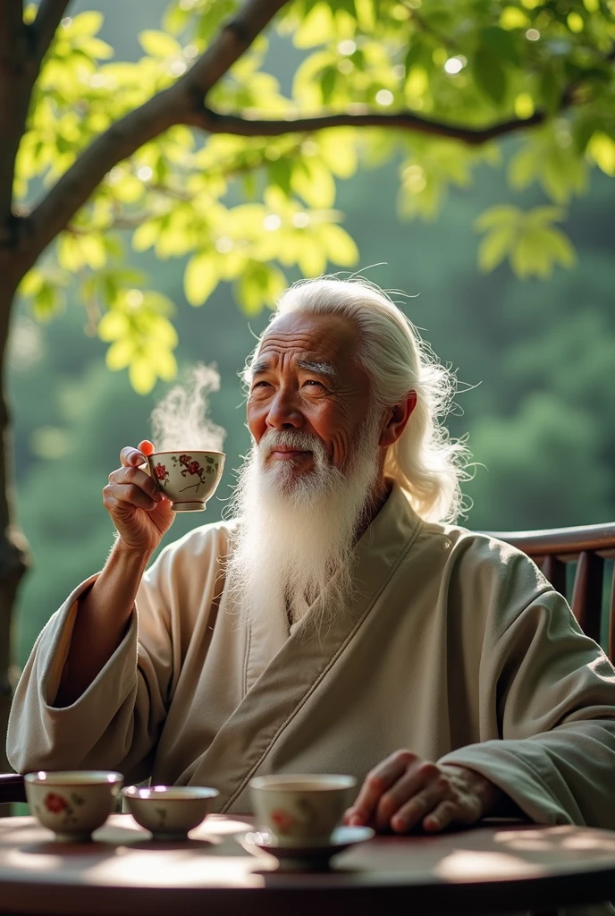 Chinese feng shui master, kind face, white hair, cheerful, drinking tea,
The teacher sat looking straight ahead, behind him was a scene of cozy green trees
