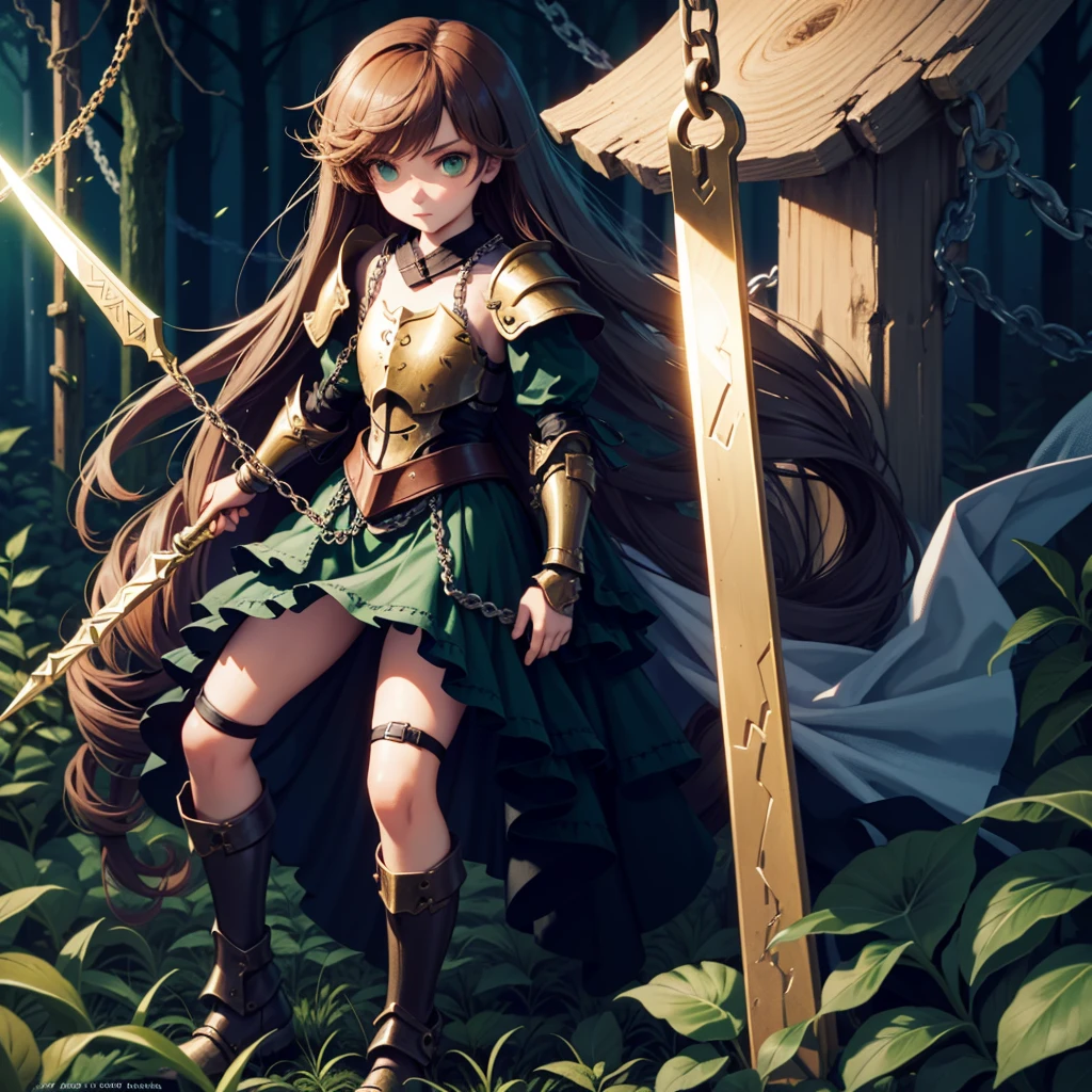 最high quality、high quality、Simple Cloth Armor、１０Year-old girl adventurer、Equipped with a weapon that has a short chain at the end of a stick and a spiked iron ball at the end of the chain、In a dark maze、Green armor