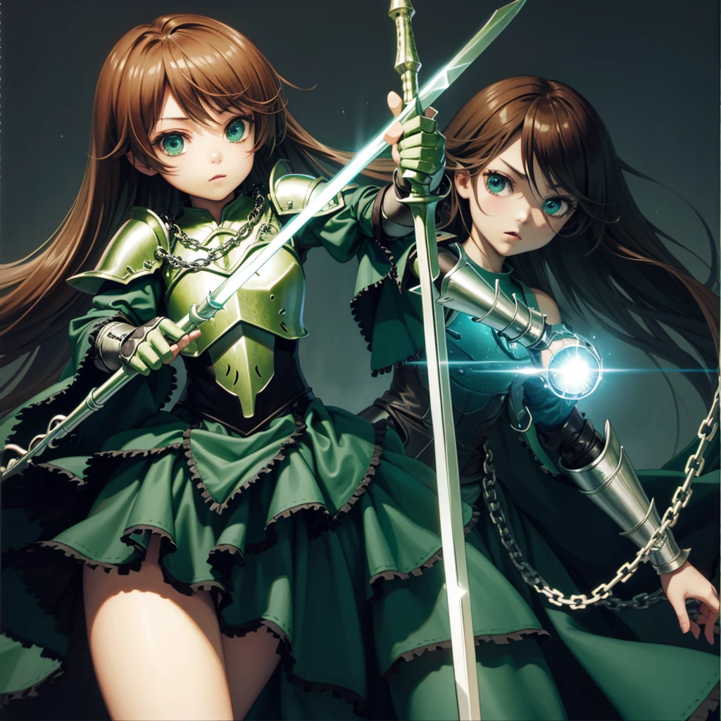 最high quality、high quality、Simple Cloth Armor、１０Year-old girl adventurer、Equipped with a weapon that has a short chain at the end of a stick and a spiked iron ball at the end of the chain、In a dark maze、Green armor