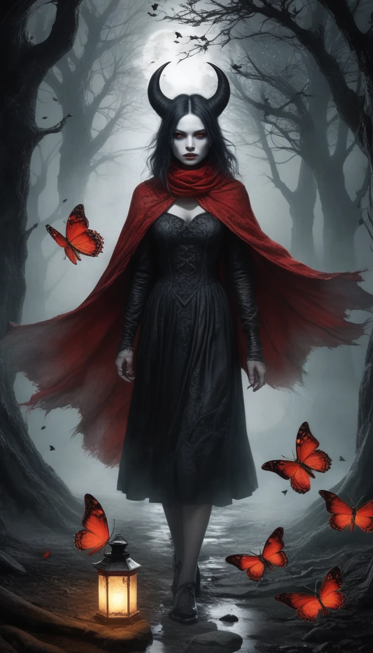 (HD wallpaper),(orc:1.5),(devil theme:1.5),(dark horror theme:1.5),(thriller:1.5),(inspiration from Stephen King:1.5),(dark fantasy:1.5), (ink and watercolor painting:1.5), (black and white color:1.5), 8k, 4k, (landscapes:1.5),(A large number of butterflies fairies fly towards the viewer:1.5),(ruined:1.5),(ruined village:1.5),(1800s:1.5), (ruined theme:1.5),(lots of flying butterflies fairies :1.5),(puddle:1.5),(Unpaved roads:1.5),(absurd deres:1.5),(fantastic:1.5),(best quality:1.5),(masterpiece:1.5),full body length,Quartz Manganite babygirl in red dress,pretty face,eyebrow up ,(( red scarf on hair )),full body shot,ominous landscape,Fluorite Wulfenite atmosphere,by art Simon Stalking ,Nicola Samori,(((Wangechi Mutu))),prime colors,urban,extremely detailed,masterpiece,intricate details,faded,eyes extremely detailed, high detailed eyes,4k resolution,RAW, Nikon Z9,scary town,full body length, ghost towns,Winnie-the-Pooh Iridescent,intricate details,,orc,Stone Forest in Yunnan Province of China,best quality, ultra-detailed, realistic, portraits, dark and eerie atmosphere, glowing eyes, ethereal presence, hauntingly beautiful, ghostly figures, swirling mists, supernatural entities, demonic essence, shadowy forms, eerie whispers, sinister aura, hauntingly pale skin, dark and twisted branches, flickering candlelight, macabre elements, mysterious and enigmatic, spectral apparitions, gothic art style holding lamp , hauntingly captivating, spectral realm, hauntingly melancholic, otherworldly beauty, ethereal glow, hauntingly haunting, chilling and atmospheric, eerie and ominous lighting night mood, lamp , background palace, full moon, tree branches.