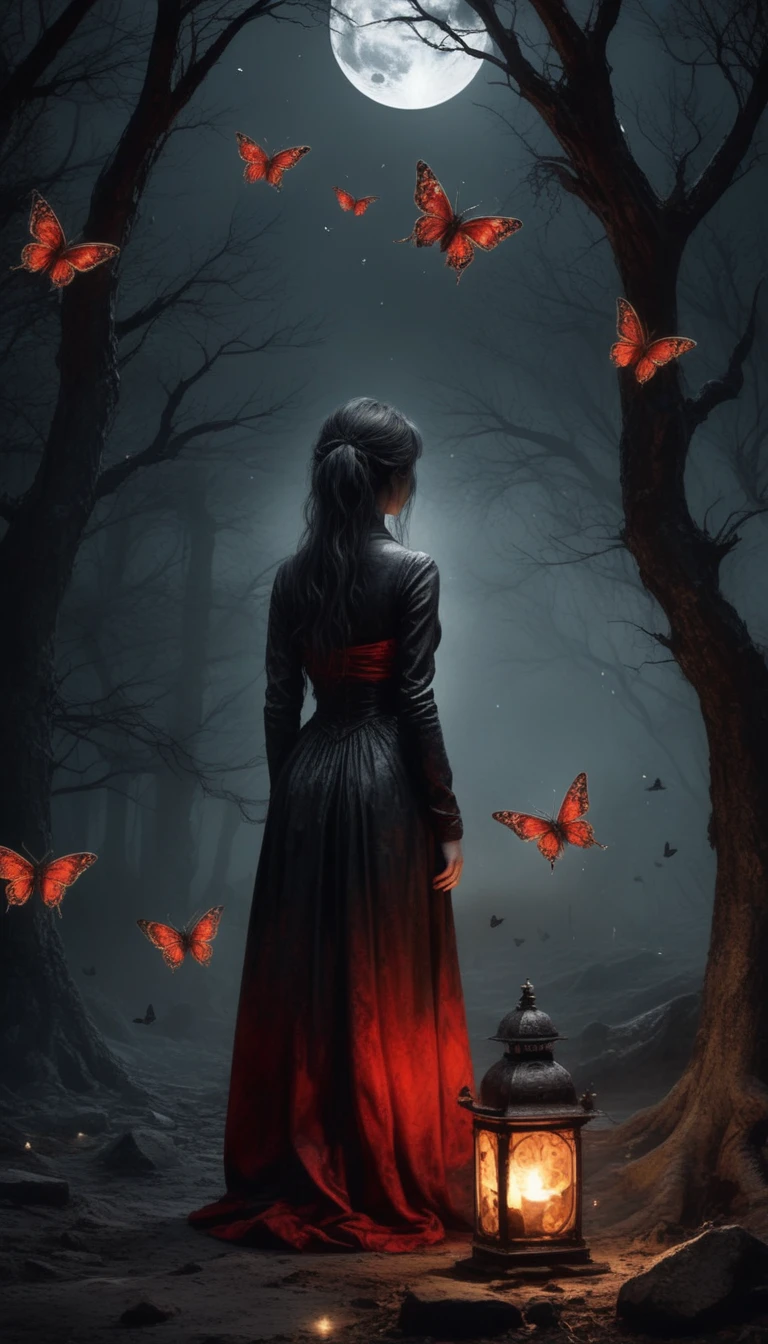 (HD wallpaper),(orc:1.5),(devil theme:1.5),(dark horror theme:1.5),(thriller:1.5),(inspiration from Stephen King:1.5),(dark fantasy:1.5), (ink and watercolor painting:1.5), (black and white color:1.5), 8k, 4k, (landscapes:1.5),(A large number of butterflies fairies fly towards the viewer:1.5),(ruined:1.5),(ruined village:1.5),(1800s:1.5), (ruined theme:1.5),(lots of flying butterflies fairies :1.5),(puddle:1.5),(Unpaved roads:1.5),(absurd deres:1.5),(fantastic:1.5),(best quality:1.5),(masterpiece:1.5),full body length,Quartz Manganite babygirl in red dress,pretty face,eyebrow up ,(( red scarf on hair )),full body shot,ominous landscape,Fluorite Wulfenite atmosphere,by art Simon Stalking ,Nicola Samori,(((Wangechi Mutu))),prime colors,urban,extremely detailed,masterpiece,intricate details,faded,eyes extremely detailed, high detailed eyes,4k resolution,RAW, Nikon Z9,scary town,full body length, ghost towns,Winnie-the-Pooh Iridescent,intricate details,,orc,Stone Forest in Yunnan Province of China,best quality, ultra-detailed, realistic, portraits, dark and eerie atmosphere, glowing eyes, ethereal presence, hauntingly beautiful, ghostly figures, swirling mists, supernatural entities, demonic essence, shadowy forms, eerie whispers, sinister aura, hauntingly pale skin, dark and twisted branches, flickering candlelight, macabre elements, mysterious and enigmatic, spectral apparitions, gothic art style holding lamp , hauntingly captivating, spectral realm, hauntingly melancholic, otherworldly beauty, ethereal glow, hauntingly haunting, chilling and atmospheric, eerie and ominous lighting night mood, lamp , background palace, full moon, tree branches.
