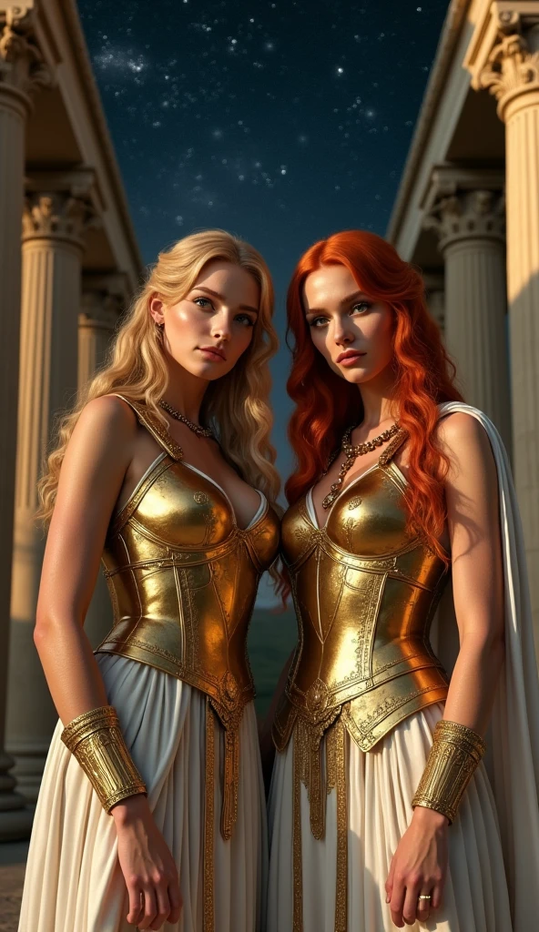 (masterpiece), (Highest quality), Photorealistic, Raw photo, Realistic, Cinematic Light, Beautiful twin goddess sisters in gorgeous golden ancient Greek armor, Blonde and red hair, White Cape, Staring at the camera with moist eyes, Greek Temple , Under the Gemini Stars