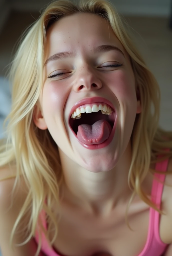 Closeup of a female young Elle Fanning's face, actress Elle Fanning when she as , skinny, small breasts, blond haired girl, NSFW, explicit,  wearing a pink gym top, mouth very wide open and smiling, sticking out tongue,  eyes closed, long hair, mouth full of milk, extreme skin detail, photorealistic, 8k, wallpaper, kneeling on floor, viewed from above