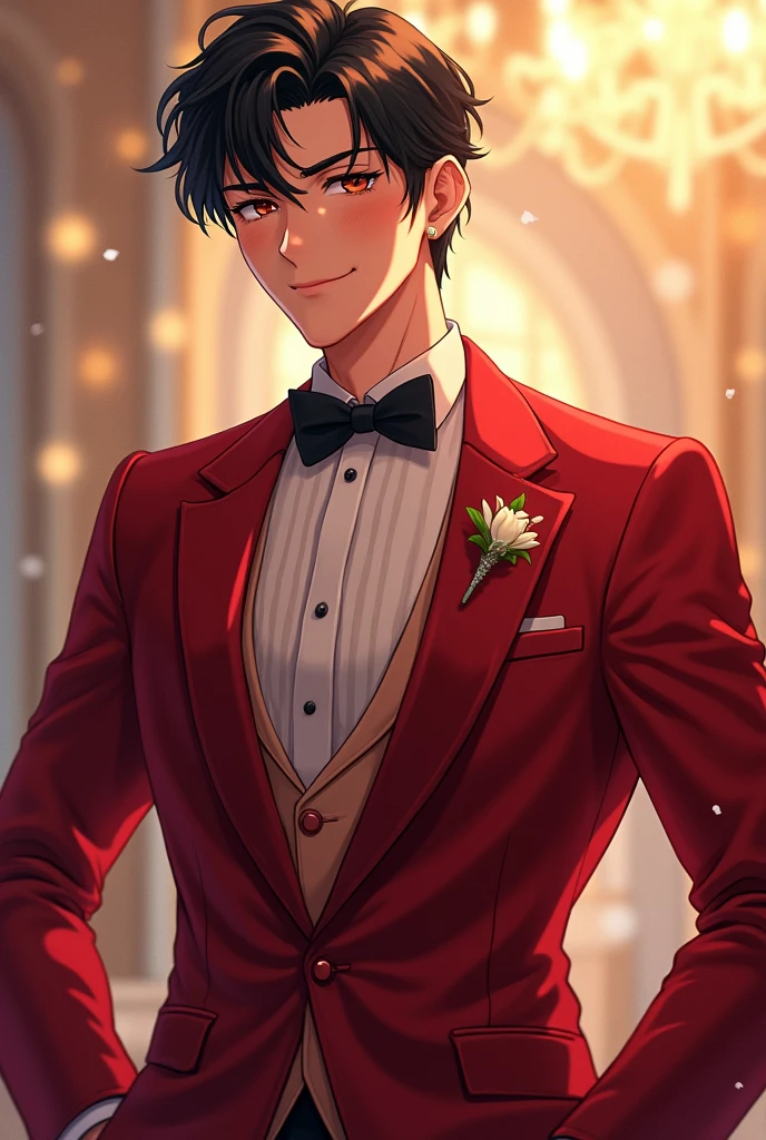 Anime boy in He's at a wedding with red pants and a red suit and his smiling very good way [anime boy age 24] [his looking very hot and good]