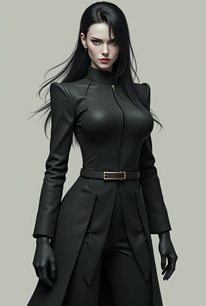 Super black haired tyrant woman, tall and skinny, white skin and with uniform