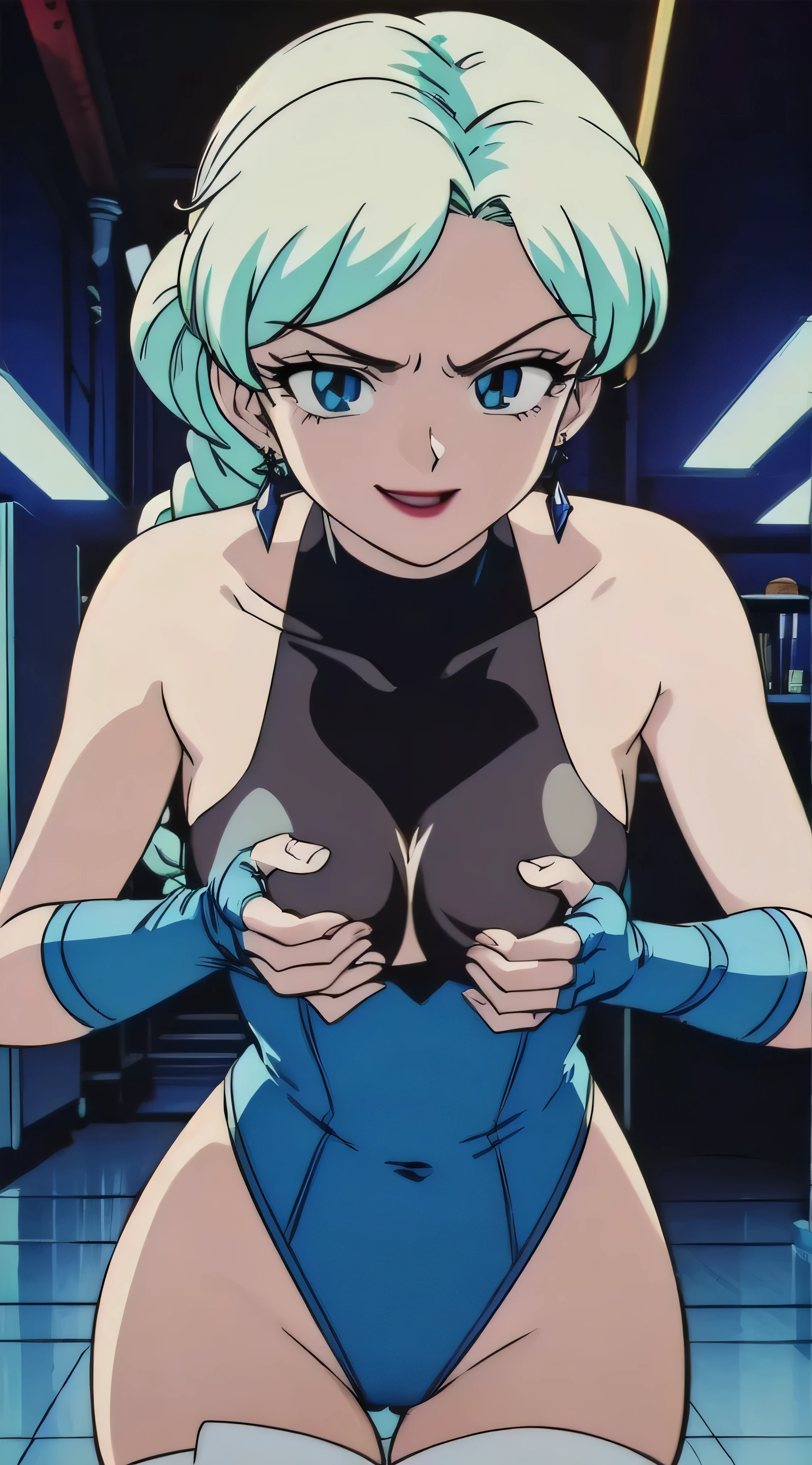 1girl, solo, facing viewer, looking down at viewer,looking at viewer,,,evil smile, BERTIE,,Highly detailed CG Unity 8K wallpaper, perfect lighting,official art,,(beautiful_face:1.5),(narrow_waist),,Highly detailed CG Unity 8K wallpaper, perfect lighting, anime screencap, retro artstyle, anime coloring, traditional media,most evil huge laugh,lipstick,sadistic smile,deep shaded face(eyes in shadow),singlebraid,smile worst,worst ridecule,most evil moukery,,onebraid,,two hands,five fingers,dark aura background,A face full of evil,most evil ridicule,lightblue bandage elbow fullgloves,thighhigh socs,horor, , , The Empowerment of Evil, monster,Poison Possession,lightblue leotard,oily skin,shiny skin,