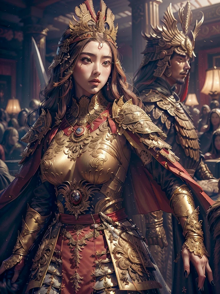 (masterpiece, world art piece, best quality, ultra-detailed, ultra-realistic), (highly detailed CG illustration), cinematic light, photorealistic ,extremely beautiful and sexy young lady, most sexy feminine makeup appearance, large breasts, intricate detailed eaba, red & gold cape, twin blade