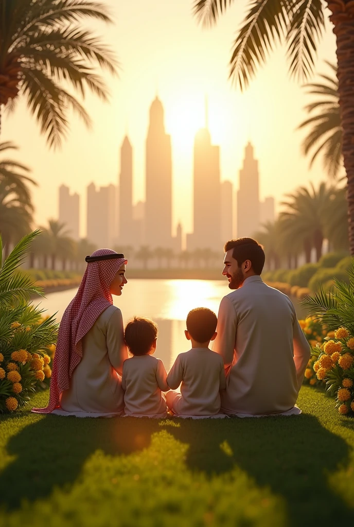 (photorealism:1.2), arabian family, father mother and 2 kids, in a garden at noon, enjoying the sun, wearing saudi costume, sun lighting, Riyadh sky scrappers in background, realistic, intricate details