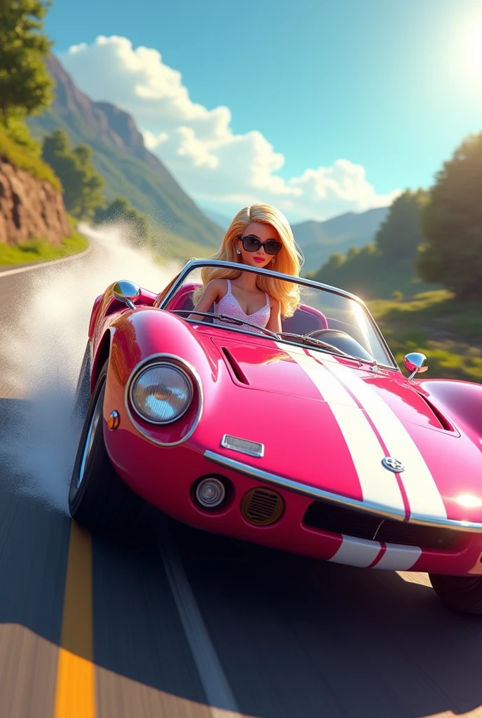 Barbie is driving a car fast