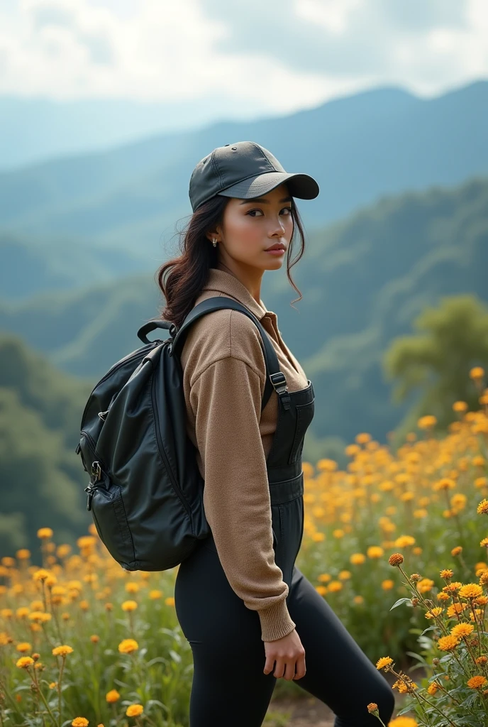 full-body portrait photograph of a young java woman with polo Cap, wearing pinafore, hotpants with leggings, oversized_breasts.", she is hiking, beautiful_breasts. sensual body, in a unique, photoshot model, ((In front of flowers in top of mountais)), pullover, highres, 4k, HDR, 1girl, photorealistic, realistic, big booobs, turning away facial at viewer, closeup