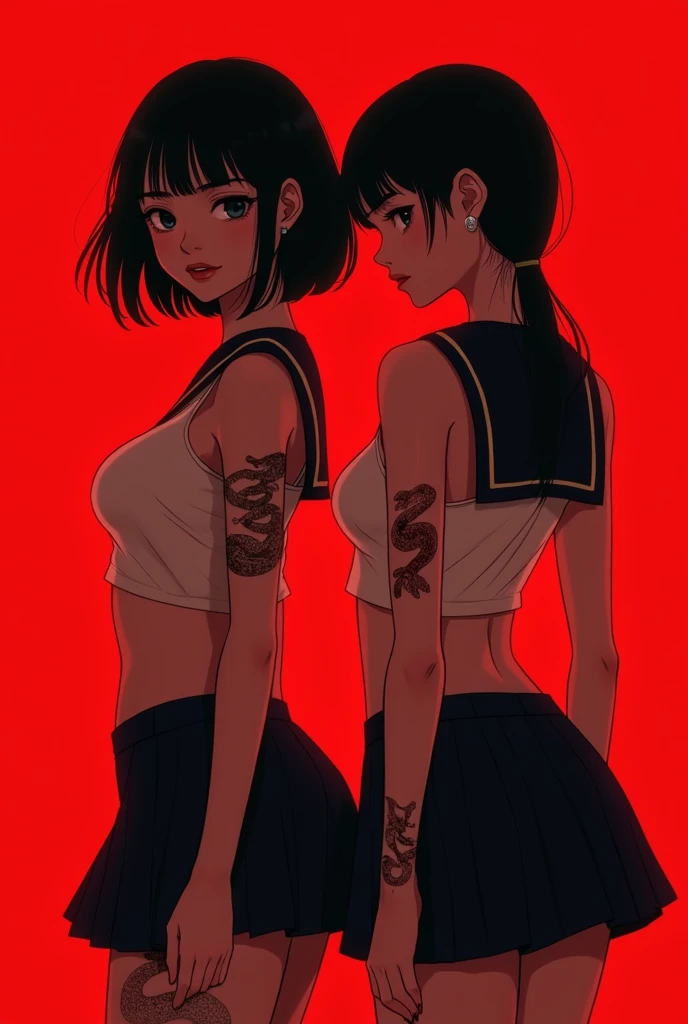 Create a 2 schoolgirl with minimalist tattoos and a snake on her arm, all red, big bust