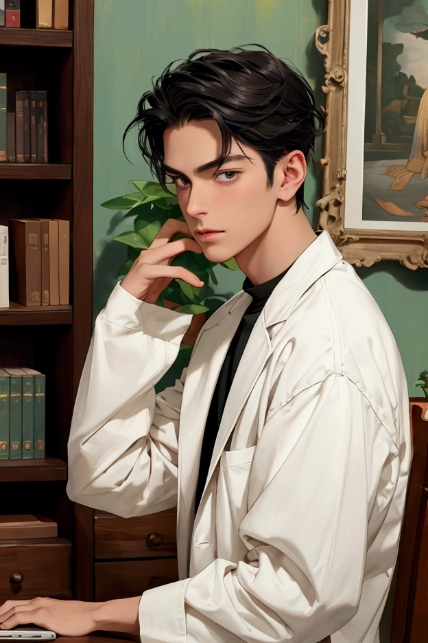 (pose))), (photorealistic photo: 1.3), rim luzing, (high detailed leather:1.2), 8k hd, DSLR, high quality, High resolution, 4k, 8k, bokeh, absurd, (real:1.3), (((Detail on face))), (((body details))), (detail in clothing))), ((detalle en bottom)))
character: Tall Man, good physique, fit, attractive, the most beautiful man, Without beard, long black hair, White skin, grayish green eyes, young adult.
CLOTHES; White coat, White shirt, Black pants.
bottom: Psychiatric hospital, Psychiatrist's Office (black wood desk, laptop, plants, cream walls, shelf with books, paintings. peace, calm)
pose: safe, confident, fun, en calm.