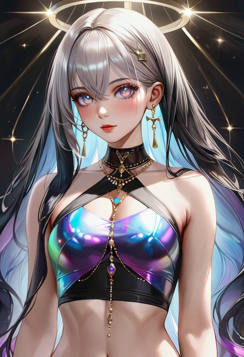 A girl with long dark iridescent hair,iridescent eyes, fair skin tone, hourglass built, croptop, detailed hair, detailed body, best quality, realistic