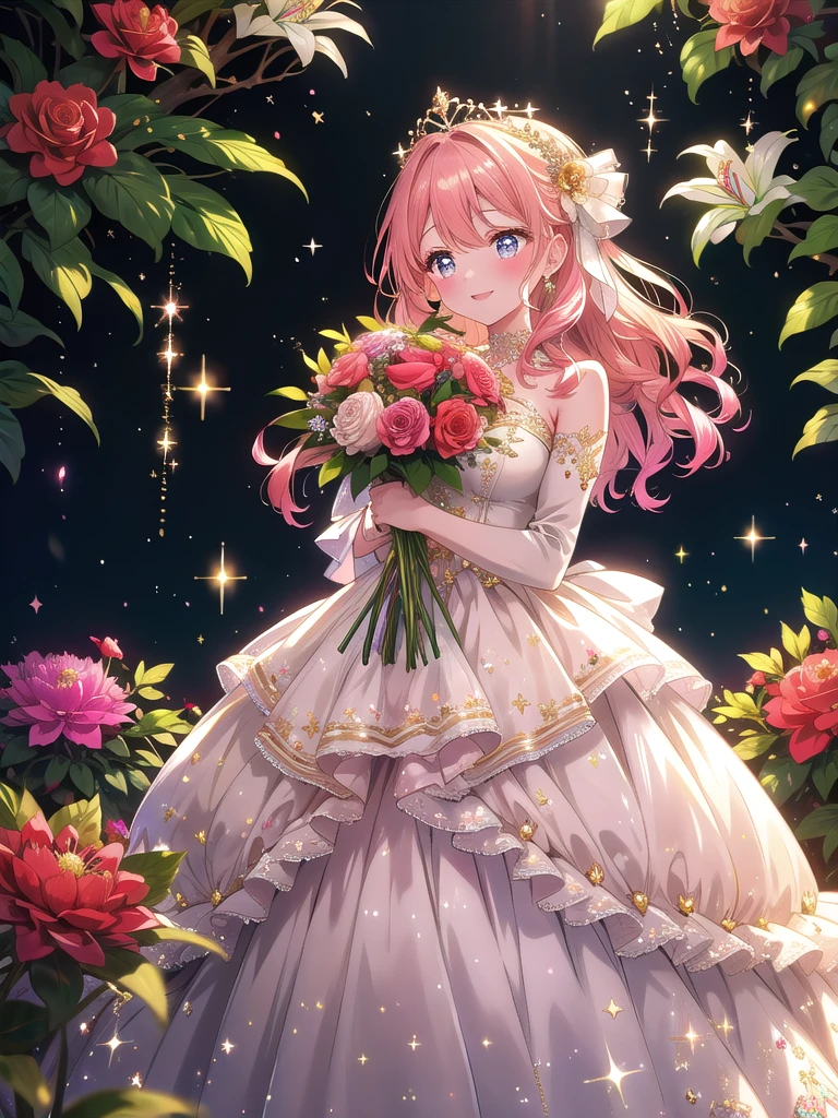 ((8k, Highest quality, masterpiece: 1.3)),Ultra-high resolution,(1 girl, alone), (Color changing eyes, Ultra-detailed, Expressive brilliance, Glitter, Glowing Eyes), Highly detailed eyes, Highly detailed face, Random Hair, ((pastel colour))Create an image of a beautiful woman holding a luxurious bouquet of vibrant flowers, exuding happiness and warmth. The woman is standing in a grand and elegant setting, like a lavishly decorated ballroom or a lush garden, with soft, ambient lighting that enhances the festive atmosphere. She has long, wavy chestnut hair cascading over her shoulders and is wearing a stunning yet modest dress in pastel shades with delicate lace details, perfect for a celebration. Her eyes are sparkling, and she is smiling brightly, looking directly at the camera as if she’s about to hand over the bouquet to a friend in celebration.
The bouquet is large and overflowing with various types of flowers, such as roses, lilies, and peonies in vibrant colors like red, pink, and white, with touches of greenery to add freshness. She is posing gracefully, with one hand holding the bouquet slightly in front of her and the other gently resting at her side, showing off a joyful and elegant demeanor.
The background is adorned with soft, glowing lights, lush floral arrangements, and drapes in rich colors like gold and cream, enhancing the celebratory mood. Subtle sparkling effects are added throughout the image, giving it a dreamy and enchanting atmosphere. The overall scene radiates elegance and joy, capturing the essence of a heartfelt celebration.