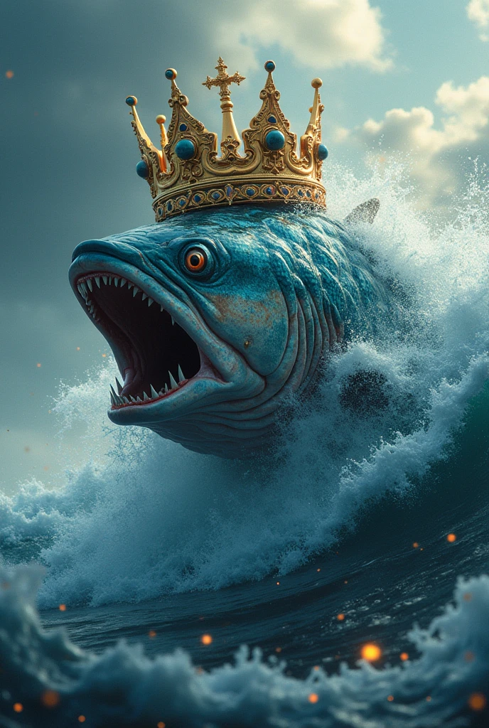 Create a king fish with a crown coming out of the sea epically