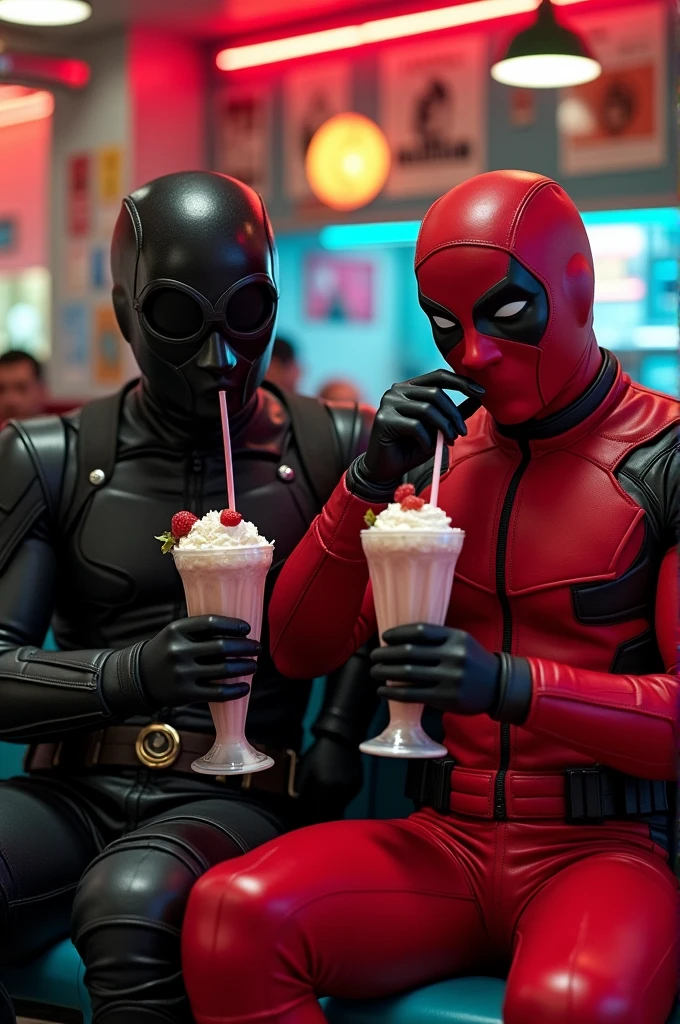 Two characters are sitting side by side in a stylish 80s diner.. The first character is a masked vigilante  (helmet)in black with black visor, with black armor that shines subtly in the light. He is silent and exudes a mysterious aura. The other character next to you has a vibrant red outfit., with black details, and a red mask that completely covers his face, except eyes with white lenses . He is playing with a straw, while drinking a strawberry milkshake, clearly enjoying the moment. Both characters have milkshakes in their hands. [taking by the fabric of the clothes], with different flavors, and there is a slight camaraderie between them, despite their contrasting personalities. The background of the diner is colorful, with neons and retro posters, creating a nostalgic and fun atmosphere. crie essa imagem