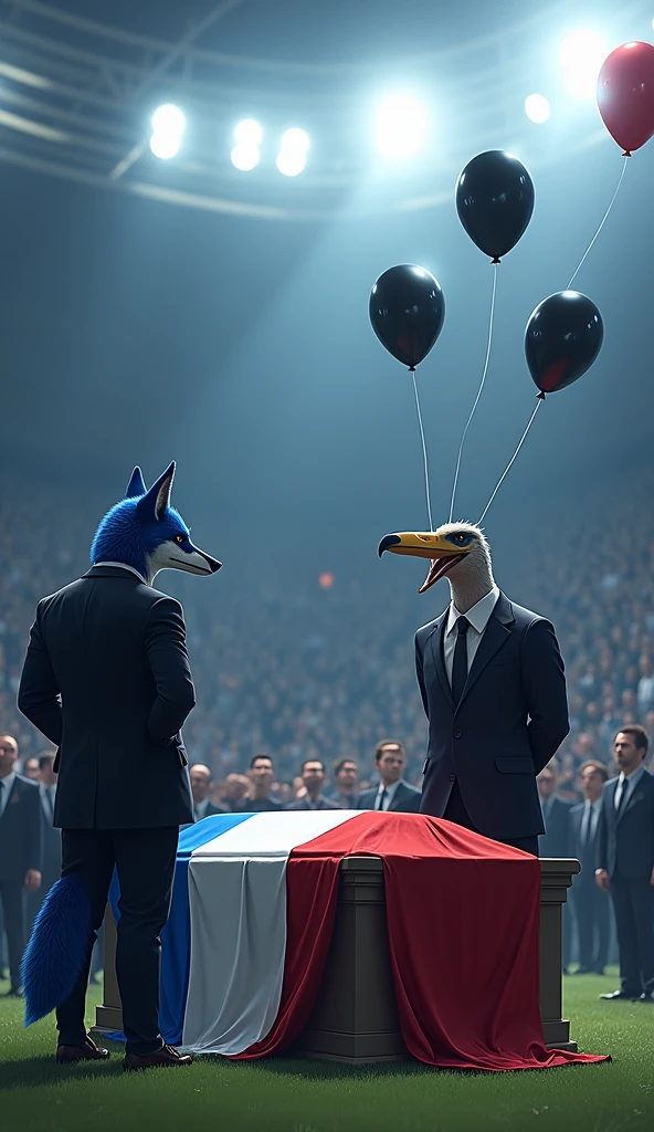 a blue male fox, muscular, puffed out chest, black suit, next to a beautiful, muscular vulture bird, without crest, puffed out chest, black suit, inside a soccer stadium, everyone is sad seeing a coffin with a flag over it highlighted in the colors blue, white, red, black balloons flying in the wind