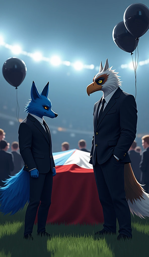 a blue male fox, muscular, puffed out chest, black suit, next to a beautiful, muscular vulture bird, without crest, puffed out chest, black suit, inside a soccer stadium, everyone is sad seeing a coffin with a flag over it highlighted in the colors blue, white, red, black balloons flying in the wind