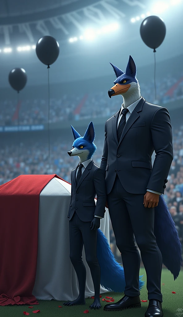 a blue male fox, muscular, puffed out chest, black suit, next to a beautiful, muscular vulture bird, without crest, puffed out chest, black suit, inside a soccer stadium, everyone is sad seeing a coffin with a flag over it highlighted in the colors blue, white, red, black balloons flying in the wind