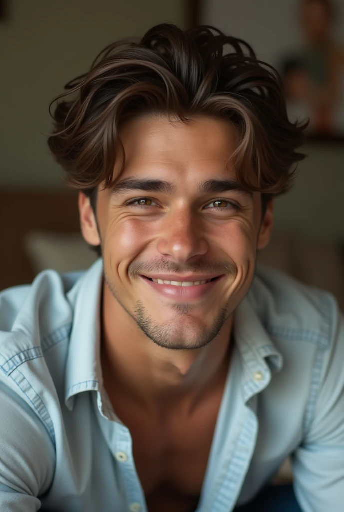 young man with brown hair smirking in his bedroom,  stock photo

