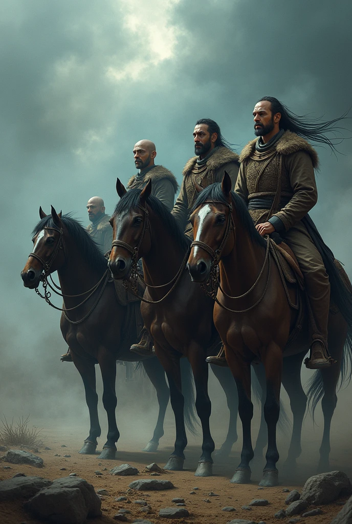 Create me the most angry Asian warriors in 11 century they should be standing in line they have flat face and small angry eyes they should be riding horses and standing in the dark stormy weather . Don't forget they are Asians and wearing woolen nomadic warrior clothes