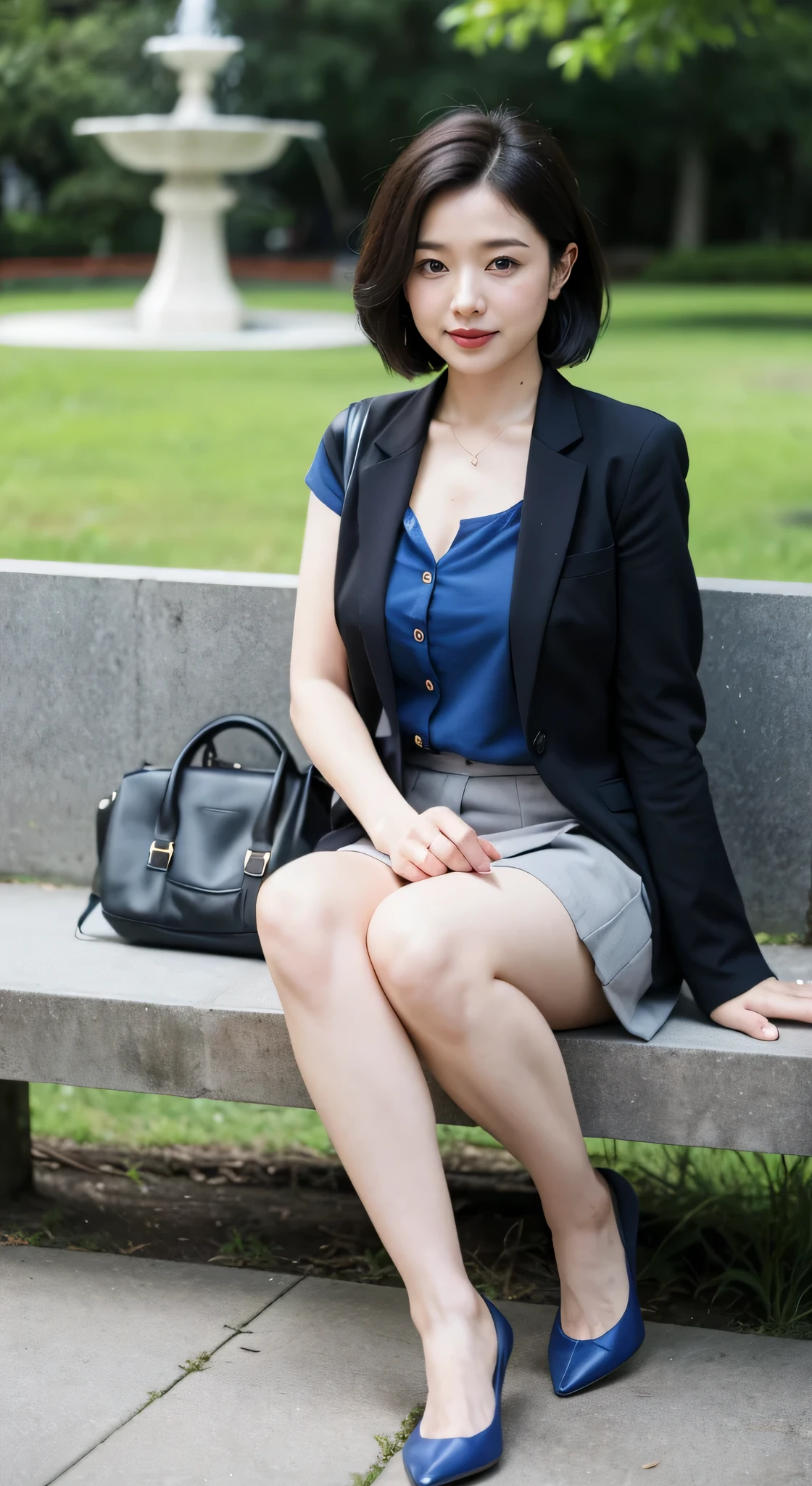 最high quality, In 8K, Masseter region, Vibrant, Sharp focus, high quality, High resolution, Detailed face, fine grain, Thick lips, (Looking at the audience), alone, Beautiful woman, 3, Japanese women, （Short black hair:1.4）、（Bob Hair:1.4）, Cleavage, Lunch break、Large city park、Green Grass、In front of a big Semen fountain、（sitting on a park bench:1.3）、（Full body photo:1）、（Japanese women）、（Mitsubishi Bank:1.8）, （She is wearing a dark blue vest over a white blouse.:1.5）, The vest has three gold buttons, （red, Blue and white ribbon tie:1.6）、（Ribbon tie at neck）、（Knee-length dark blue skirt）、（Black pumps:1.5）、（red lipstick:1）、（smile:1.6）、（standard body type）、（Z cup breasts）