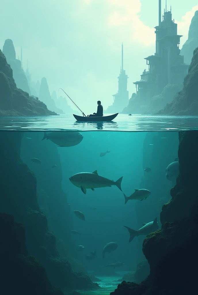 A boat with a fisherman on the water and underwater several fish and sea monsters in sight, futuristic art