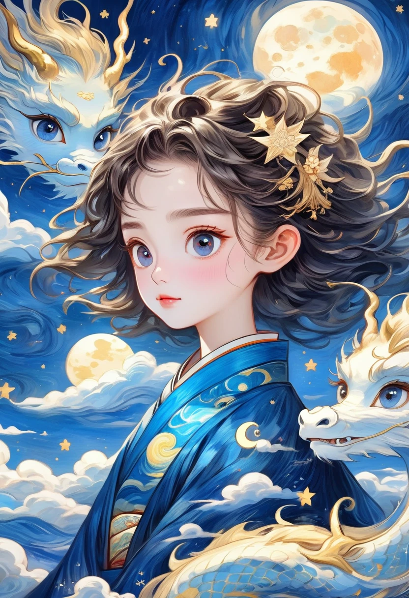 Hand-drawn style：粗糙的texture，1 boy，1 girl，Pretty Face，Long fluffy hair，Surprise hairstyle，big eyes，Bright Eyes，Delicate lashes，Hanfu，Human anatomy is correct。cloud，Star，moon，dragon，Beautiful details，texture，Blue and gold，Immerse yourself in the art of Van Gogh