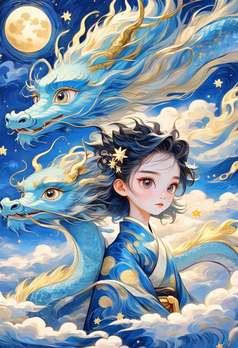 Hand-drawn style：粗糙的texture，1 boy，1 girl，Pretty Face，Long fluffy hair，Surprise hairstyle，big eyes，Bright Eyes，Delicate lashes，Hanfu，Human anatomy is correct。cloud，Star，moon，dragon，Beautiful details，texture，Blue and gold，Immerse yourself in the art of Van Gogh