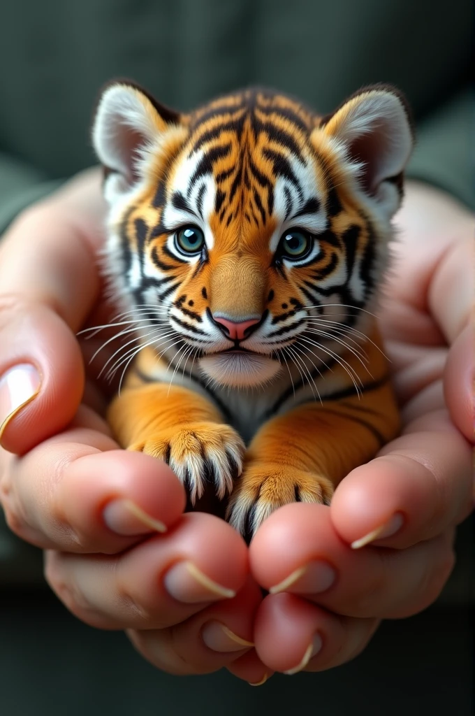 A hyper-realistic, ultra-cute scene of a miniature tiger cub being held gently between human fingers. The tiger cub has detailed, expressive eyes and tiny paws with visible fur texture. The background is softly blurred to keep the focus on the cub. The image conveys a sense of wonder and tenderness."