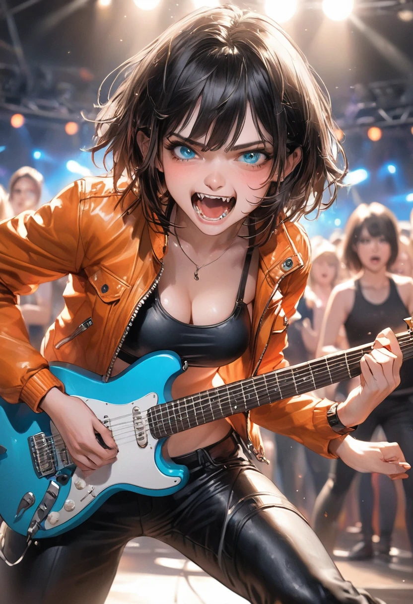 illustration, detailed illustration, ultra detailed, dynamic angle, 30 year old woman, short black hair, hair with cyan streaks, mismatched eyes, orange eye, blue eye, lean, medium breasts, black bikini top, black leather pants, orange leather jacket, playing cyan electric guitar, dark arena, stage, audience, dynamic pose, snarl, mean face