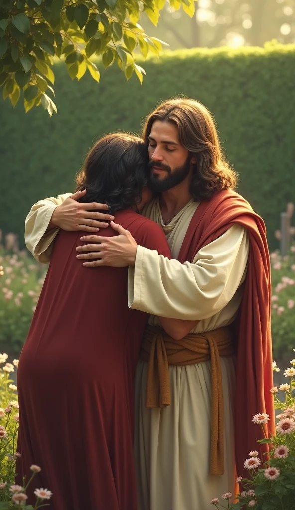 Jesus hugging several people in a group hug with a garden background 