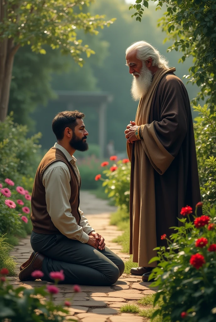30 year old rich young man on his knees crying asking for forgiveness,  put an old man in the photo,the son looking at the elderly man, your beard must be short, the young man also has a short beard, both are in a garden