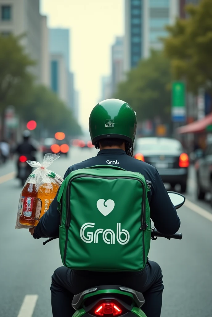 Grab food rider has a clear plastic bag with bottles of soda, beer and snacks on the sides , มีกระเป๋าลูกบาศก์ สีเขียว มีคำว่า grap ที่ เบาะด้านหลัง