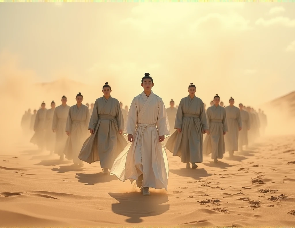 In the middle of the desert, a group of gray-robed men acted as guards, walking around the procession. A young man in full Tang Dynasty Chinese white robes stood in front of the procession. The atmosphere was dry, the sun was hot, and the wind blew the sand up.
