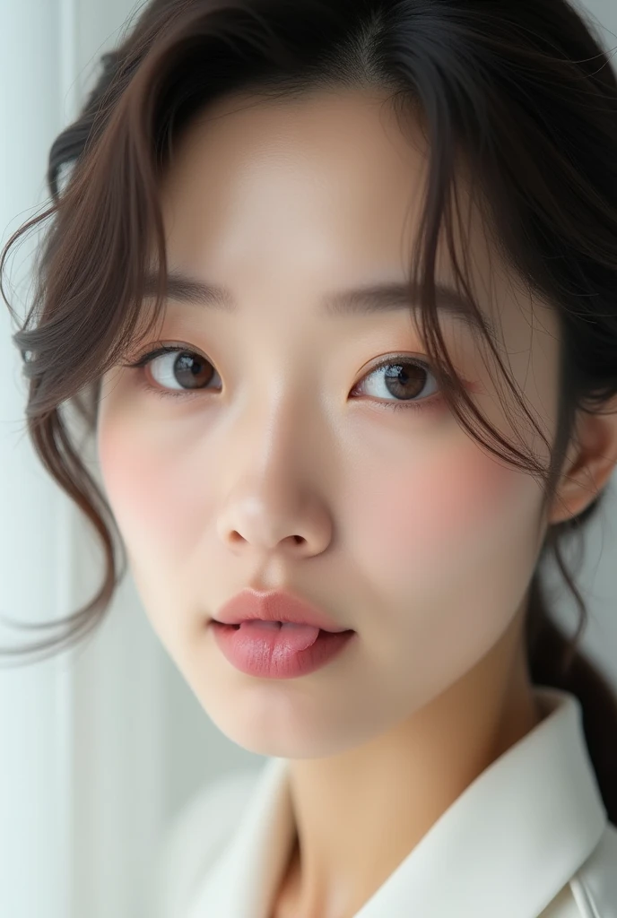 40s Japanese、Natural Skin、perfection, She has smooth skin and、She has a gentle yet provocative look..Sticking out the tongue、Design a breathtaking female close-up. Lips are soft、Slightly curved., The faint smile、It suggests something deeper, sticking out tongue、She tilts her head up, Gives a sophisticated and calm impression.. background should be white, Emphasize her elegance."tongue, Sticking out the tongue, Shortcuts、Shortcuts,