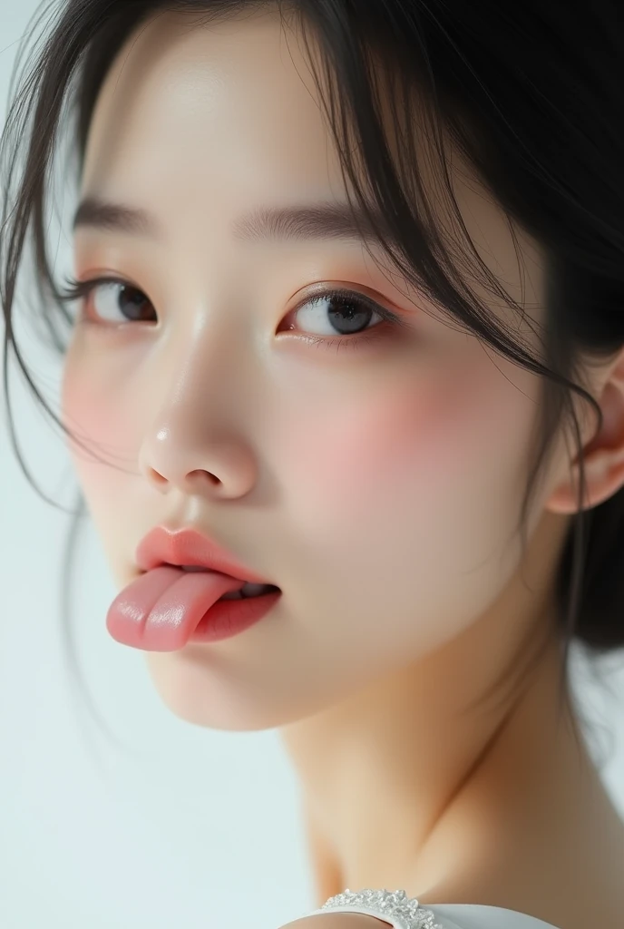 40s Japanese、Natural Skin、perfection, She has smooth skin and、She has a gentle yet provocative look..Sticking out the tongue、Design a breathtaking female close-up. Lips are soft、Slightly curved., The faint smile、It suggests something deeper, sticking out tongue、She tilts her head up, Gives a sophisticated and calm impression.. background should be white, Emphasize her elegance."tongue, Sticking out the tongue, Shortcuts、Shortcuts,