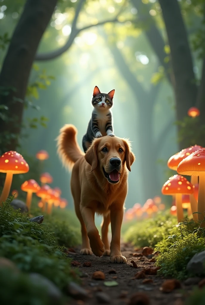 "4K ultra-realistic cinematic shot of a golden retriever dog and a tabby cat journeying through a dense, enchanted forest, where the trees tower above them and the ground is covered with glowing mushrooms and magical creatures, the dog cautiously stepping forward with the cat perched on its back, both alert and fascinated, beams of sunlight piercing through the thick canopy, rich and immersive environment, detailed fur and foliage, cinematic lighting, Unreal Engine 5 render, ultra-high resolution"